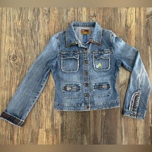 Vtg Blue Asphalt Denim Jean Jacket Womens Jrs Med Floral Embroidered Flannel Y2K